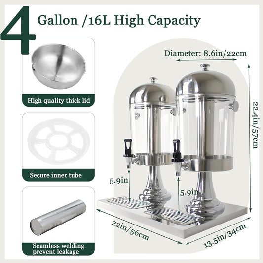 4 Gal Beverage Dispenser, Drink Dispensers for Parties, Hot Cold Drink Dispenser with Ice Container and Stainless Steel Drip Trays for Parties Buffet Catering Cold Drinks and Beer