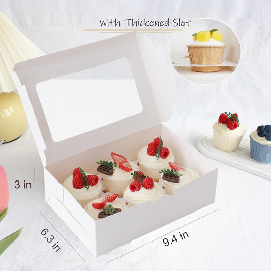 30 Pcs Cupcake Boxes with Clear Window, 9.4'' X6.3'' X3'', Food Grade Materials, Easy Assembly - Containers for Muffins, Cookies, Candies, and Bakeries