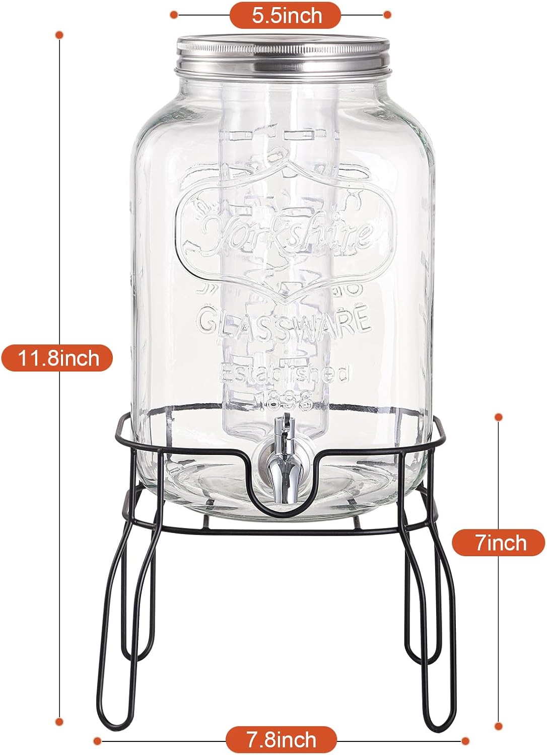 1 Gallon Glass Drink Dispensers for Parties, 2PACK Beverage Dispenser with Stand, Fruit Infuser and Stainless Steel Spigot 100% Leakproof, Beverage Dispenser for Lemonade Sun Tea