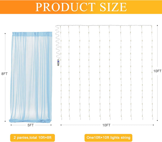 Fomcet Tulle Backdrop Curtains with Lights String White 10FT X 8FT Sheer Curtain with Lights Tulle Curtains Backdrop for Wedding Birthday Party Baby Shower Photo Shoot (2 Panels 5x8FT)