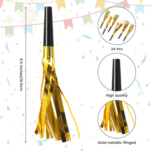 24 Pcs Gold Noise Makers Glitter Party Blowers, Noise Makers for Sporting Events Metallic Fringed Party Horns Birthday Wedding Gathering Baby Shower Graduation New Years Decorations 2026 Favor
