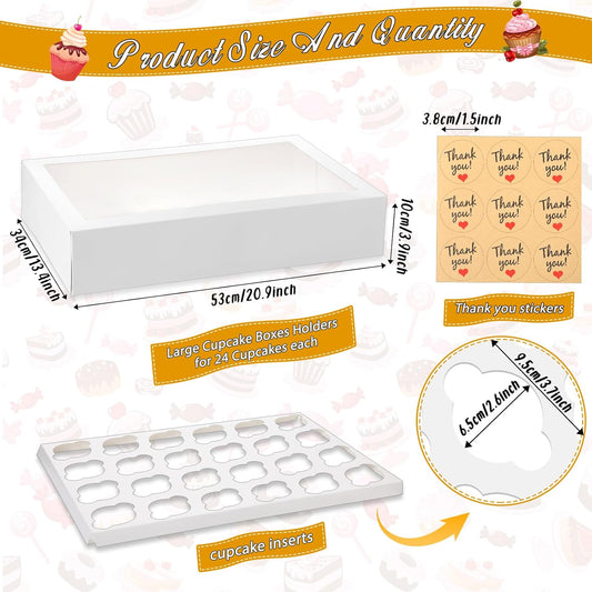 Fuutreo 10 Pack White Cupcake Boxes with Window 21 x 13 x 4 Inches 24 Count Auto Pop up Large Cookie Boxes Cupcake Containers with Thank You Label Stickers for Muffins Pastries Donuts Cookies