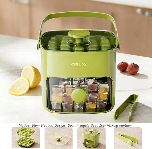 Compact Ice Cube Tray with Lid and Bin, Mini Press-Type Ice Cube Maker for Freezer, Space-Saving Small Ice Bucket with Tongs for RV, Office, Mini Ice Cube Trays & Water Bottles, BPA-Free (Green)