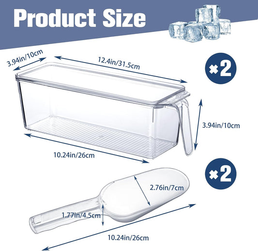Havawish 4 Pcs Ice Storage Bin for Freezer with Lid and Flexible Scoop Set Plastic Ice Container with Lid Handle for Home Office Fridge Storage (12.4 x 8.07 x 3.94 Inches,Clear)