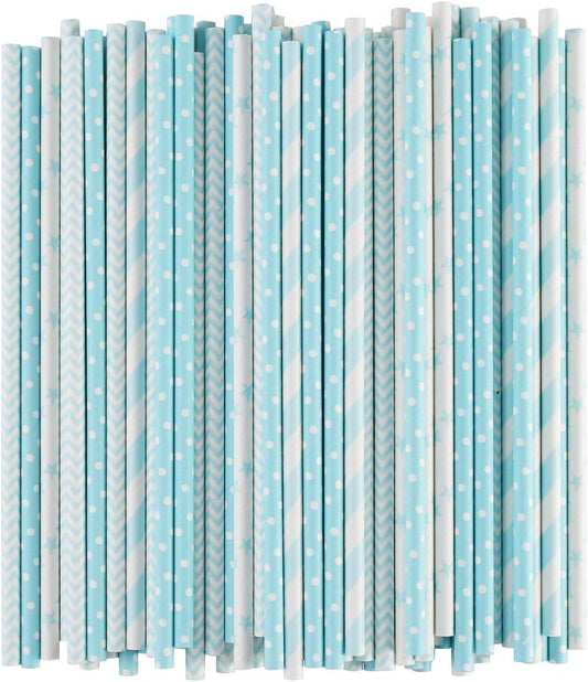 ALINK Biodegradable Light Blue White Paper Straws, Pack of 100 Party Straws for Juice, Cocktail, Smoothies, Birthday, Wedding, Bridal/Baby Shower and Christmas Decorations Supplies