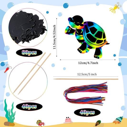 Motionchic 80 Pieces Sea Animal Scratch Cards Rainbow Ocean Fish Paper Crafts for Adult with Wooden Stick and Ribbon for Summer Birthday Party Under The Sea Party Supplies