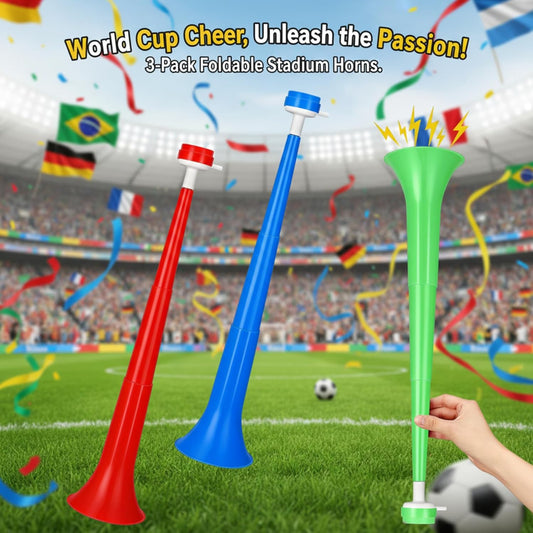Collapsible Stadium Horns, 3 Pack 24 Inch Telescopic Plastic Noisemakers in Red Blue Green, Emergency Safety Signal, Party Sports Events Cheering