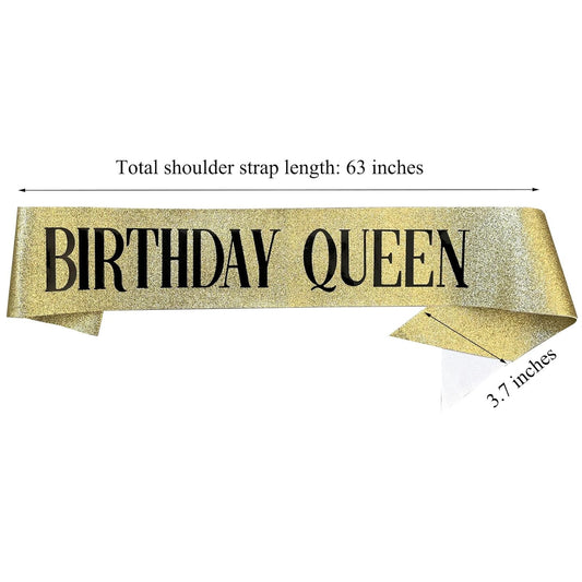 Gold Glitter Birthday Queen Sash for Women Girls, Happy Birthday Party Supplies and Decorations