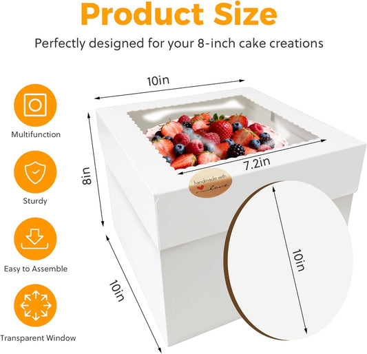 3 Pack Cake Boxes,10x10x8 Inch Tall Cake Box with Cake Boards 10",Disposable Cake Containers with Lids,White Bakery Boxes with Large Window,for Layer Cakes,Pies,Donuts,Cookies,Wedding,Birthday,Party