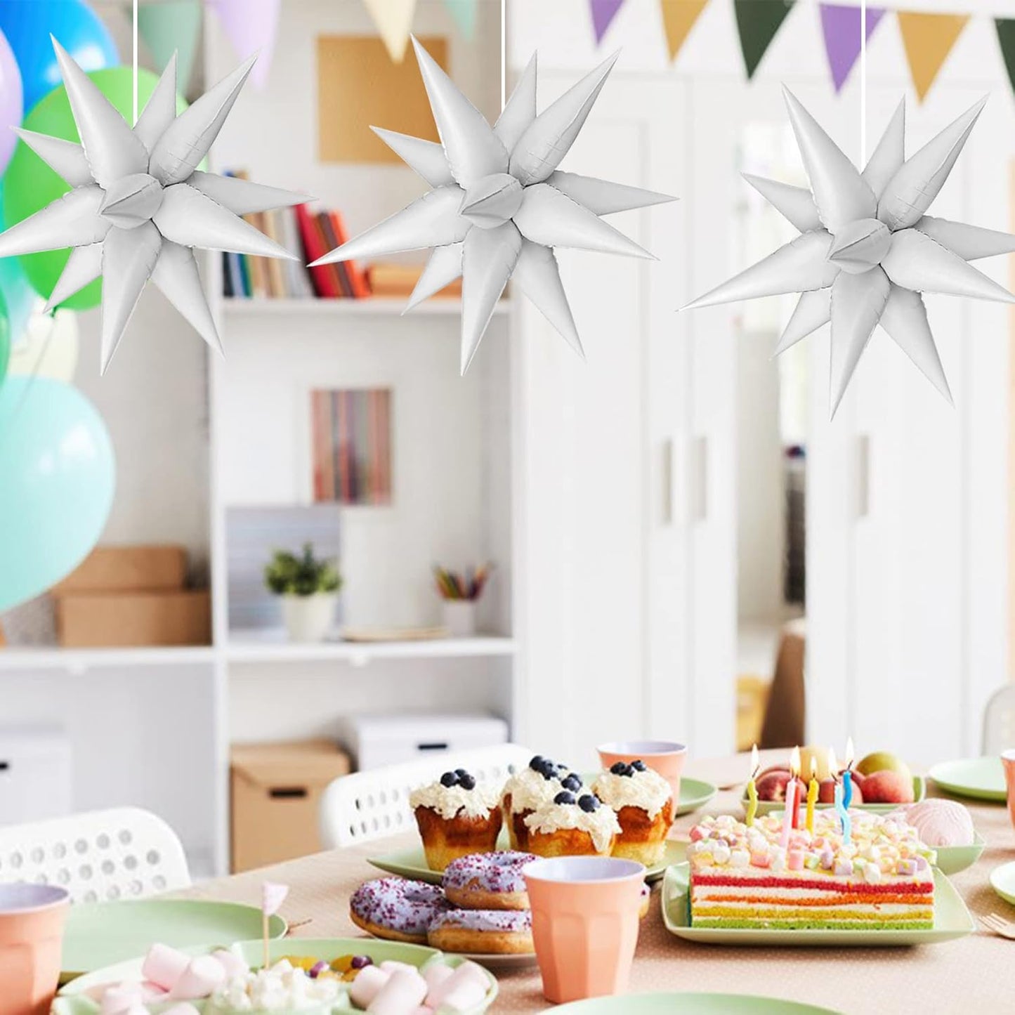 ZAKVOOR 60 Pcs Star Balloons 12 Spike Foil Explosion Party Decoration Balloons for Christmas New Year Eve Birthday (Silver)