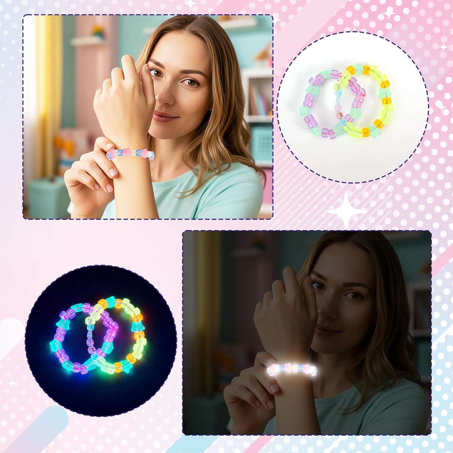 Tilhumt Glow in The Dark Beads for Bracelet Making Kit with Cute Bag for Adults, 9mm Rave Pony Beads Kit, Letters&Number&Star Neon Bead, Ideal Gift for Adult Craft Lovers