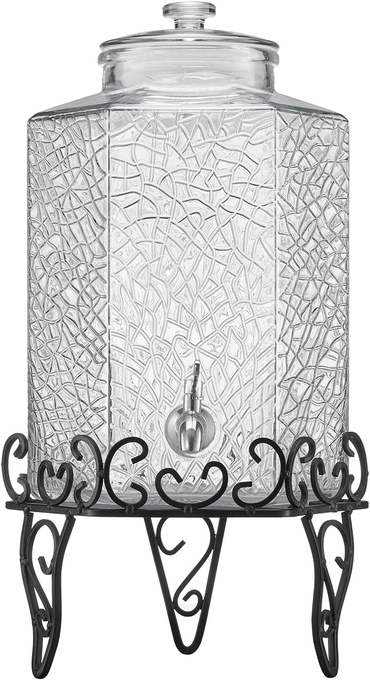 VEVOR Beverage Dispenser, 2.5 Gallon Drink Dispensers for Parties, Glass Juice Dispenser with Metal Stand, Stainless Steel Spigot, Iced Tea Lemonade Juice Water Dispensers for Parties