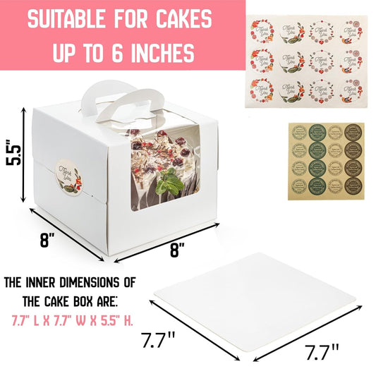 40 Pack Cake Boxes with Boards (20 Boxes + 20 Boards), 8 x 8 x 5.5 Inch Bakery Boxes with Clear Window, Stickers, Disposable Tall Square Cake Container for Cake, Donut, Pie