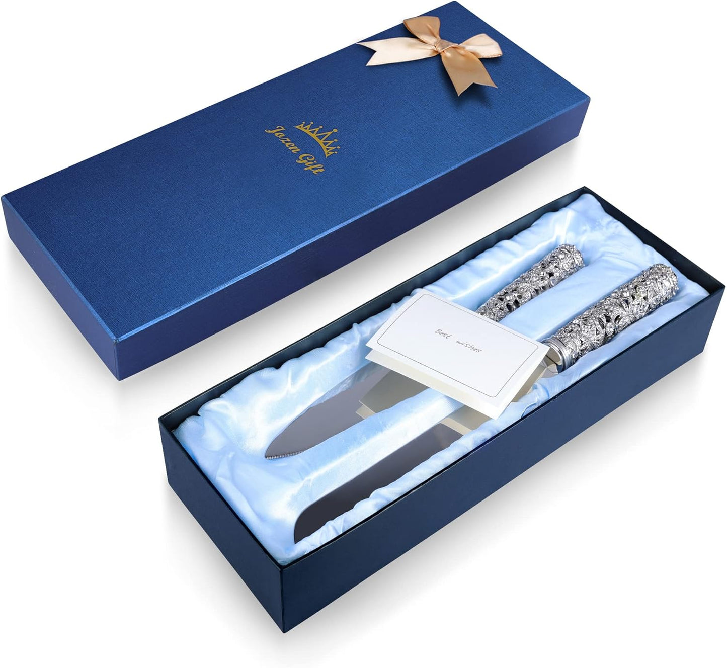 Gold Cake Knife and Server Set - 2 Piece Dessert Set Metal Handle with Crystal Stones Decoration for Wedding, Anniversary Party Birthday Banquets and Gifts for Bride and Groom