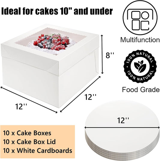 Cididu 20Pcs Cake Boxes 12 Inch, Tall Cake Box with Window and Boards for Multi-Layer Cakes, 350g Thick Cardboard White Bakery Box for Mother's Day Wedding Birthday Cakes Transport Box (12x12x8 Inch)