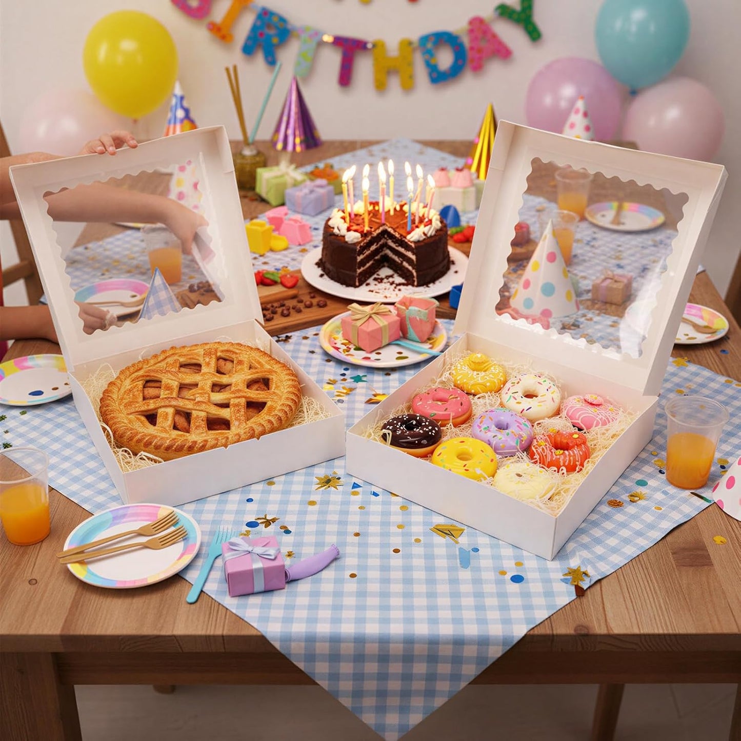 Moretoes 5pcs Pie Boxes, 12x12x2.5 White Bakery Boxes with Window, Auto-Popup Cookie Boxes for Pies, Dessert Boxes Treat Boxes for Pizza, Strawberries, Chocolate, Pastries, Muffins and Donuts