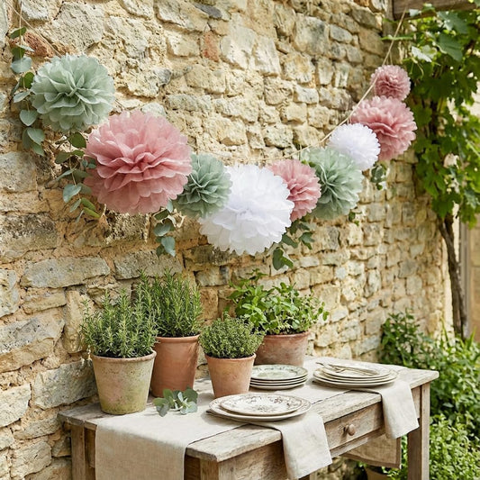 Dusty Rose & Sage Green Party Tissue Paper Pom Poms Decorations - Set of 9 12" & 10" Mixed Hanging Flowers Decor for Boho Baby Shower Backdrop, Rustic Wedding, Birthday Party