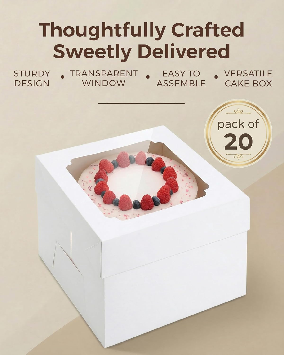 20pcs Cake Boxes 8 Inch, 8x8x8 Boxes for Cakes, Pies, Treats, Small 8x8 Cake Boxes with Window, White Bakery Boxes, Cajas para Pasteles de 8 Pulgadas for Wedding, Birthday, Valentines Day, Christmas