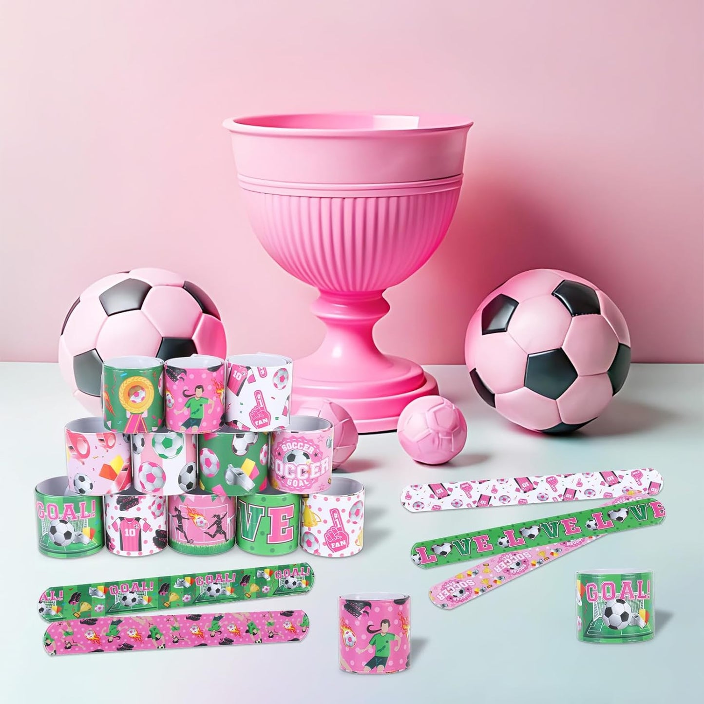 Serencatcher 48PCS Soccer Slap Bracelets Bulk, Soccer Party Favors Pink Soccer Slap Wristbands for Soccer Birthday Party Supplies Gifts Sports Football Themed Party Decorations