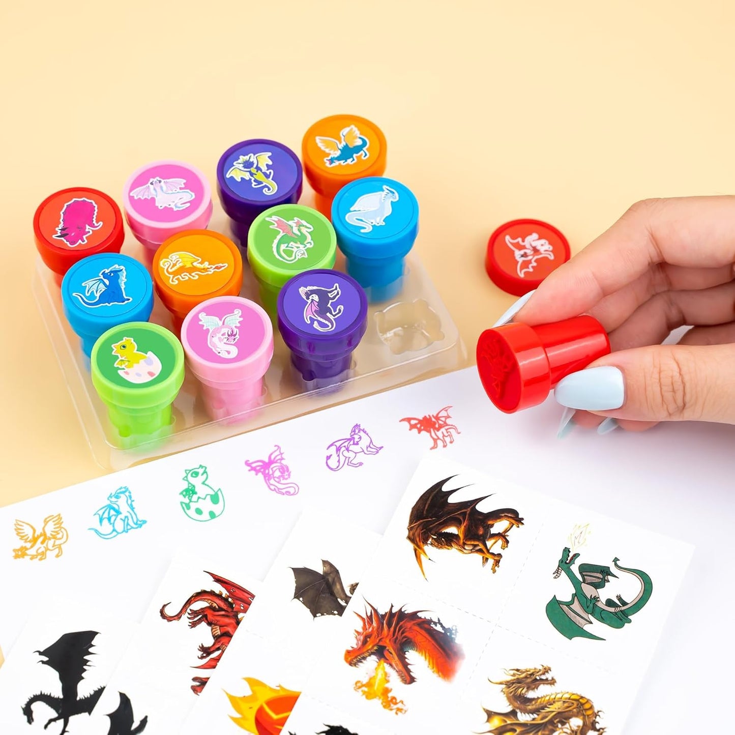 36PCS Dragon Party Favors - 24PCS Pre-Cut Temporary Tattoos & 12PCS Stamps - Ideal Magic Dragon Themed Birthday Card Decorations Supplies Goodie Bag Baby Shower Kids Gifts Classroom Rewards Prizes