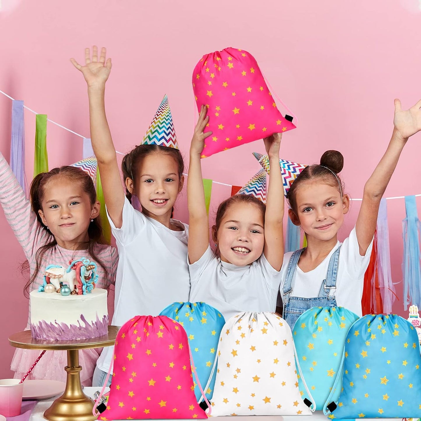 Funtery 16 Pcs Star Drawstring Backpack for Kids Star Party Favors Bags Starry Goodie Treat Gift Bags Drawstring Sackpack Sport Cinch Backpack for Girls Boys School Birthday Baby Shower Supplies
