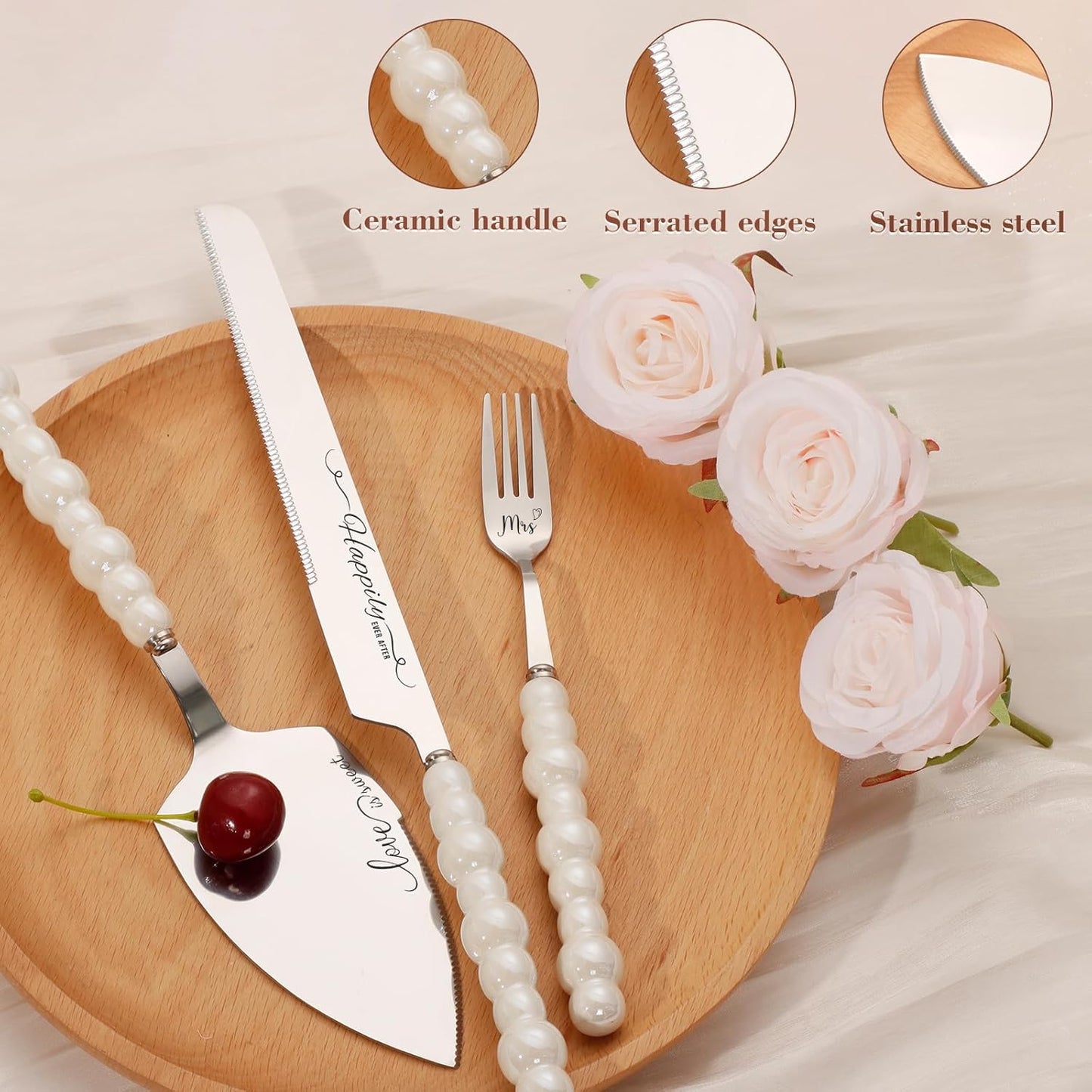 Pearl Wedding Cake Knife and Server Set with Forks, Cake Cutting Set with Stainless Steel Serrated Edges, Silver Pie Cutter Pizza Spatula, Gift for Bridal Couples Engagement (Mr & Mrs)