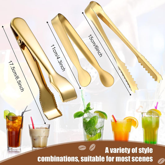 Sieral 4 Pieces Ice Tongs and Scoops Stainless Steel Ice Cube Tong with Teeth Shovel Scoop Buffet Clip Candy Food Kitchen Serving Utensils Set for Cocktail Whiskey Tea Party(Gold)