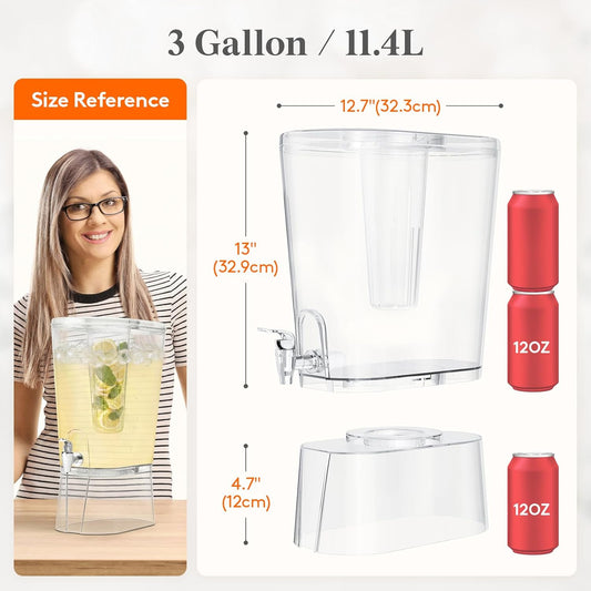 Lifewit 3 Gallon Drink Dispenser for Parties, Large Plastic Beverage Container for Juice/Tea/Soda with Stand & Ice Core, Clear Lemonade Dispenser with Spigot, BPA Free Water Pitcher for Hosting