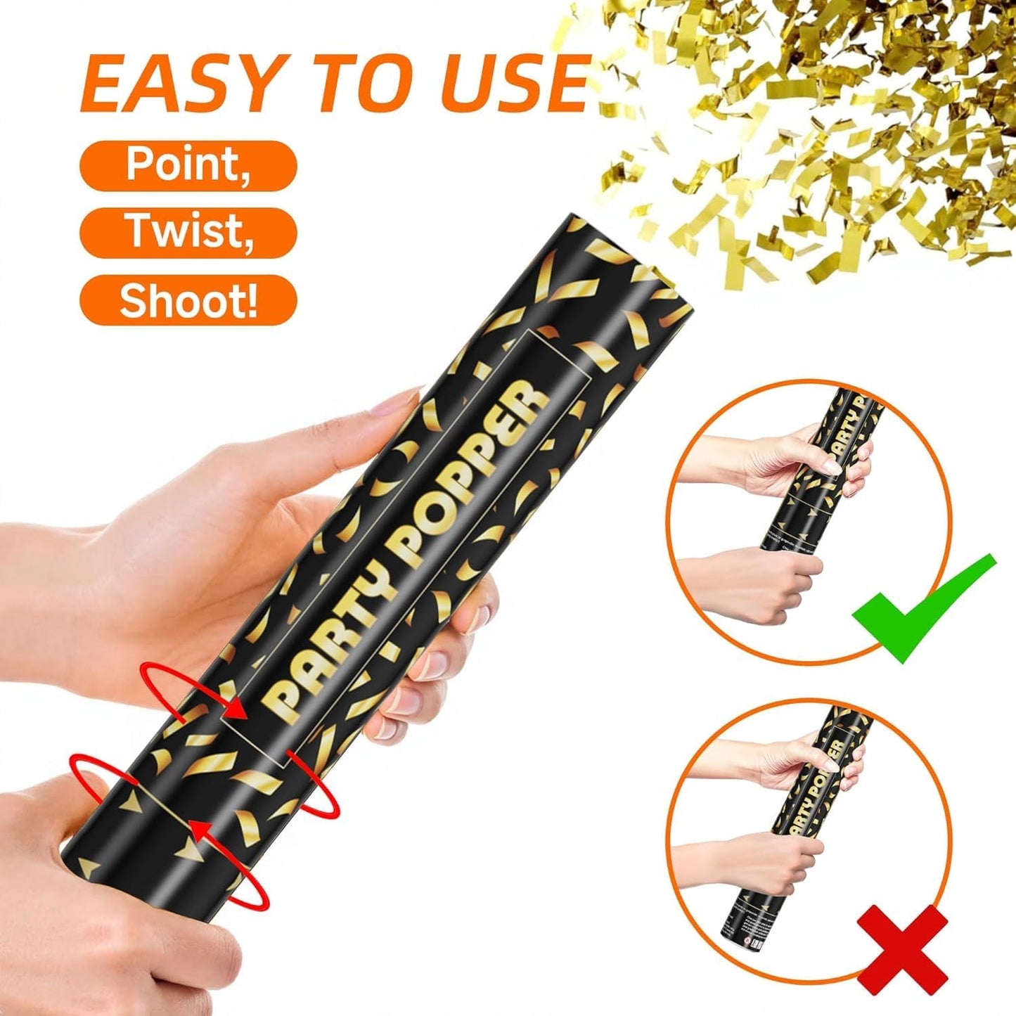 Gold Confetti Cannon Poppers - Party Confetti Shooter Popper for Celebration, Wedding, Birthday, Graduation, New Year's Eve Party(6 Pack)
