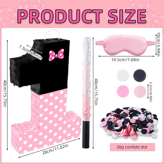 15.7 x 11.5 x 3 Inch Pink Bow Number 2 Pinata,Pink Bow Birthday Decorations, Fillable Hanging Piñata with Stick Blindfold Confetti for Girls Boys 2nd Anniversary Party Decorations