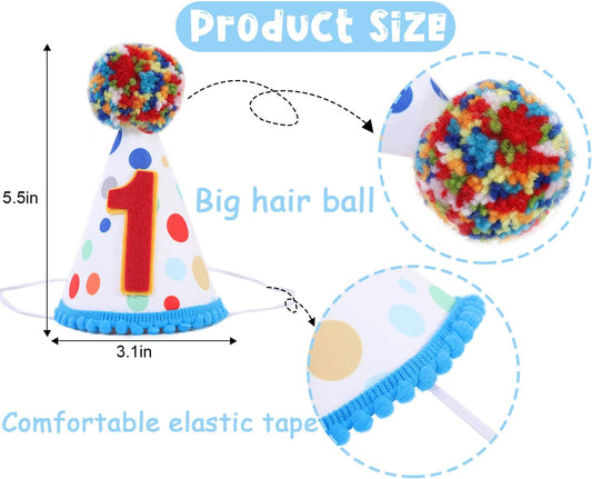 Baby 1st Birthday Party Hat - Primary Colors, Handmade Birthday Hat for Baby Girls/Boys, Confetti Cone Hat with Colored Fur Balls, Size 5 1/2, Suitable for Babies around 1 Year Old