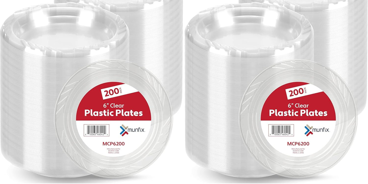Munfix 200 Clear Plastic Plates Set - 6 Inch Disposable Dessert Plates, Bulk Pack for Party BBQ, Picnic, Parties, Travel and Events, Microwavable Recyclable