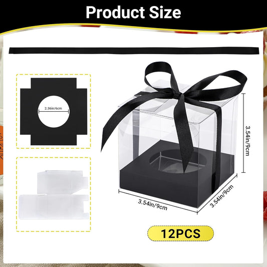 EUSOAR Individual Cupcake Holder, 50pcs 3.5 Inch Plastic Black Cupcake Containers with Lids, Single Transparent Display Clear Cupcake Carrier with Ribbon and Inserts for Wedding Party Favor