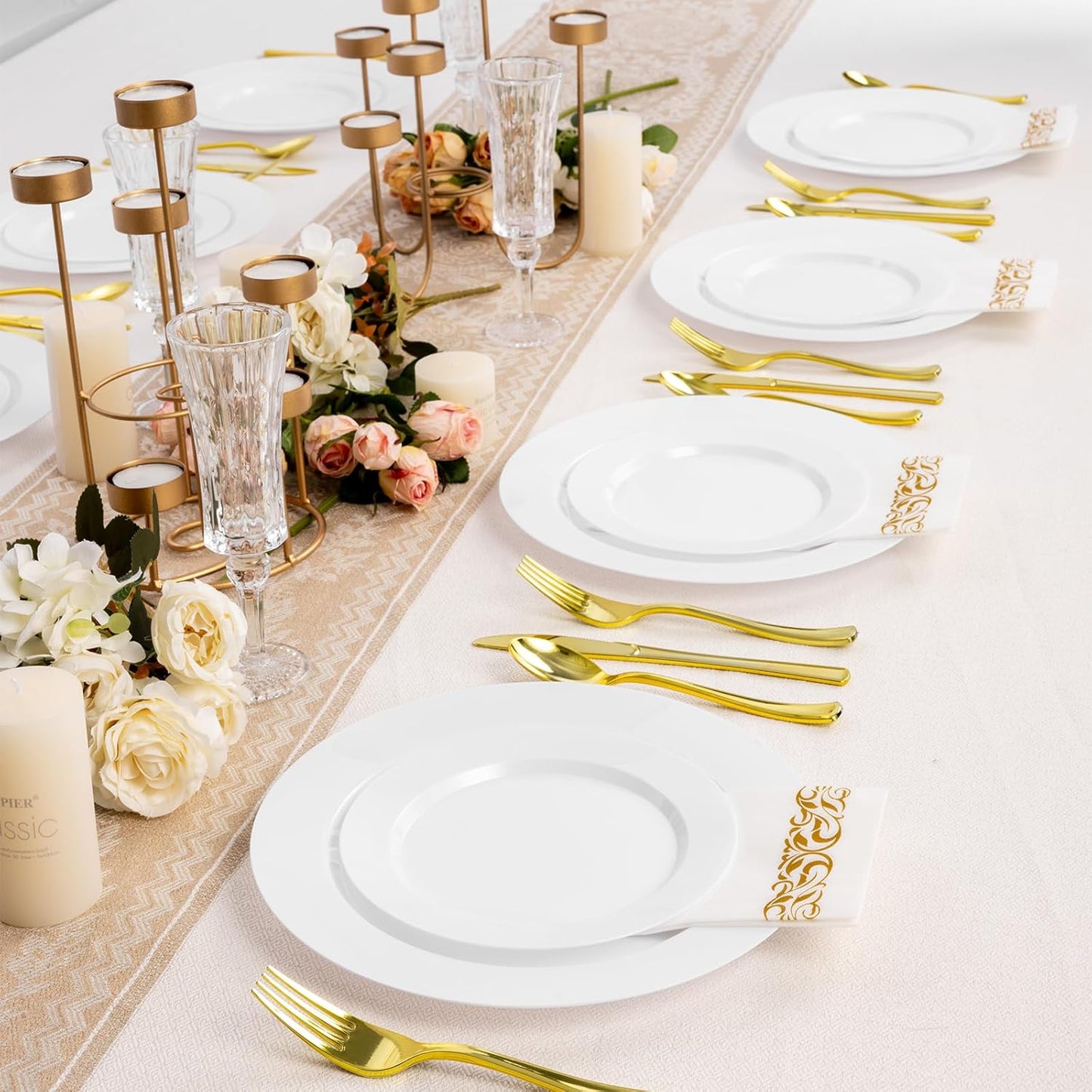 Goodluck 200PCS Gold Plastic Plates, Heavy Duty Disposable Gold Plates with 100 10.25 inch Dinner Plates and 100 7.5 inch Dessert Plates for Party, Holiday, Wedding, Thanksgiving