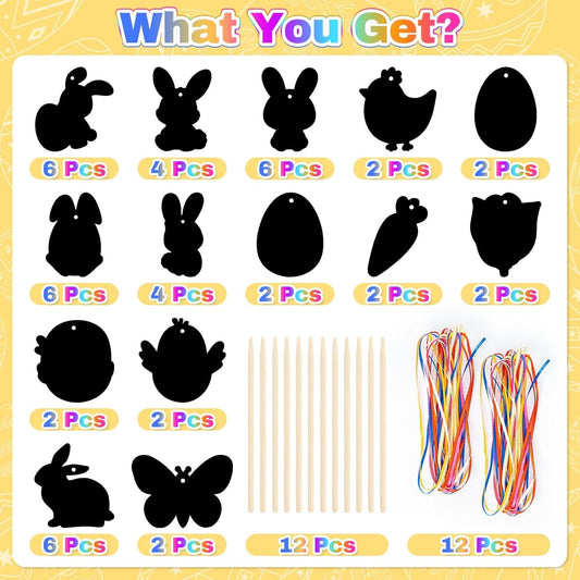 BruinBang 48 PCS Easter Scratch Cards DIY Magic Rainbow Color Scratch Art Sets Easter Crafts Fun Spring Classroom Art Activities Spring Hanging Ornaments Basket Stuffers Party Supplies Gifts