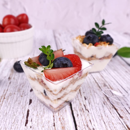 Hiasobre 100 Pack 2 oz Mini Dessert Cups with Spoons, Square Clear Plastic Appetizer Cups, Reusable Parfait Cups, Small Dessert Bowls for Serving Fruit Ice Cream Pudding Yogurt