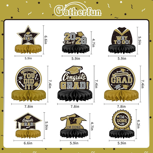 9PCS Graduation Party Decorations Class of 2026 Congrats Grad Table Centerpiece Congratulate Graduation Honeycomb Table Toppers for Graduation Party Supplies(Blue,Black)
