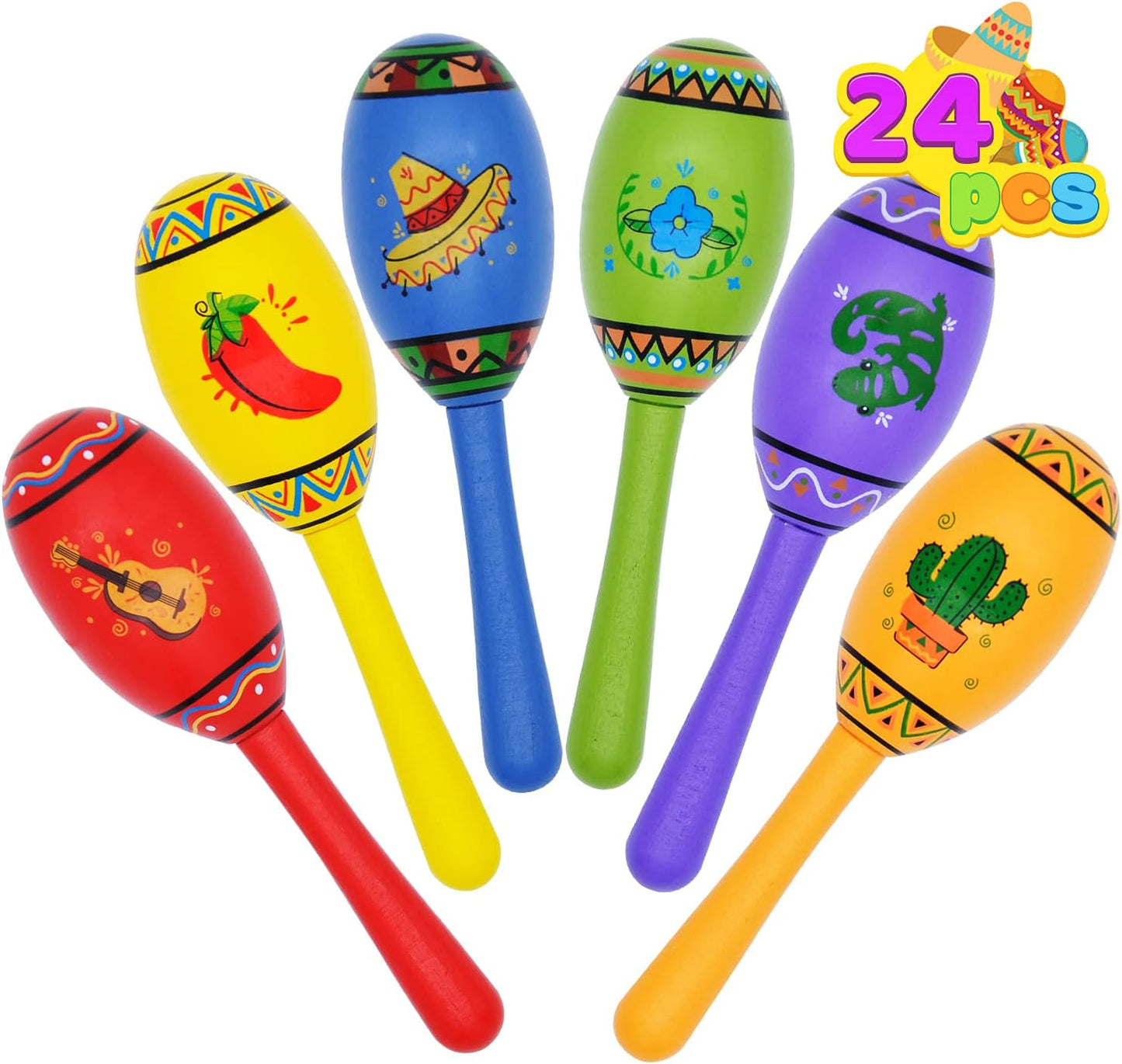 JOYIN 24 Mini Wooden Fiesta Maracas 6 Designs Noisemaker for Mexican Fiesta, Cinco De Mayo Party Favors, Musical Fun, Birthday Parties, Luau Party, Carnivals, Taco Tuesday Event