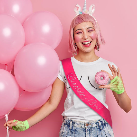 Hot Pink Birthday Girl Sash with Glitter Rhinestones, Funny Happy Birthday Sash for Girls or Women Official Teenager Sweet 16, 18th 21st 30th 40th 50th or Any Other Bday Party Decorations, Gifts