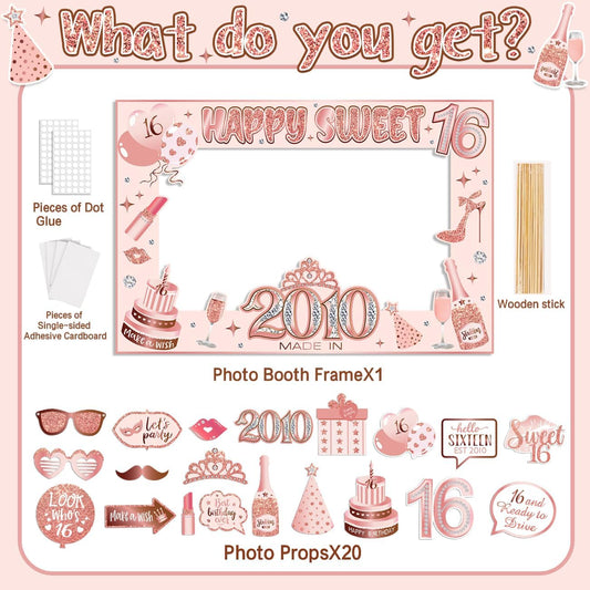 Sweet 16 Party Decorations for Girls, Sweet 16 Photo Booth Props Pink Rose Gold 16th Birthday Selfie Props with Photo Frame Kit Sweet Sixteen Happy Birthday Party Decorations Supplies Favors