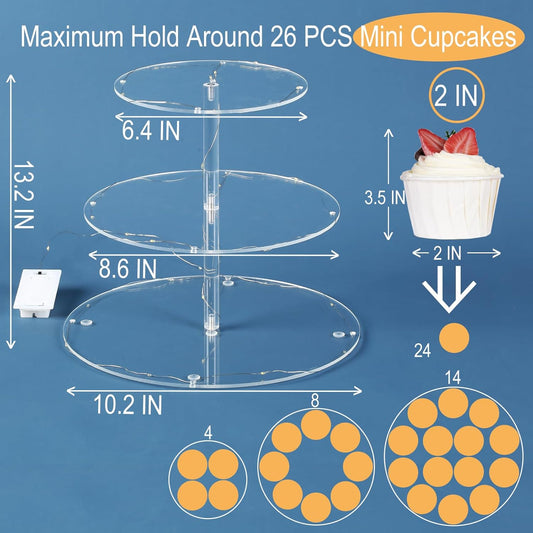 HENABLE 3 Tier Cupcake Stand Cupcake Holder, Acrylic Cupcake Tower with LED Yellow Light for 24 Cupcakes, Dessert Table Display Set for Birthday, Bar, Decor Weddings, Parties Events
