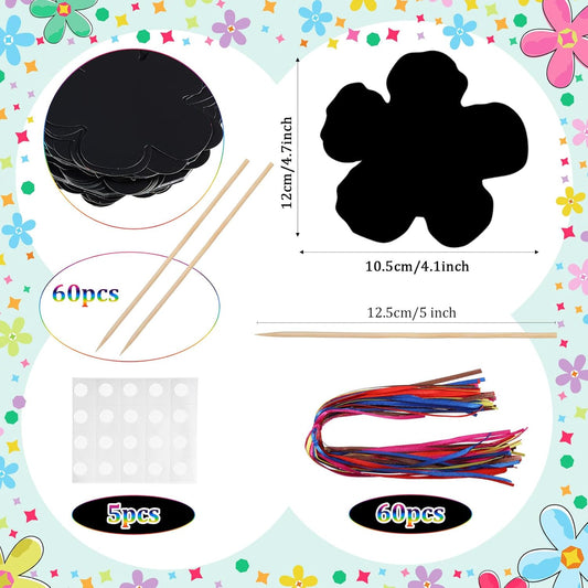 Hungdao 60 Pcs Flowers Scratch Cards Summer Scratch Paper for Kids Crafts with Bamboo Stylus and Ribbon for Home Classroom School DIY (Flower)