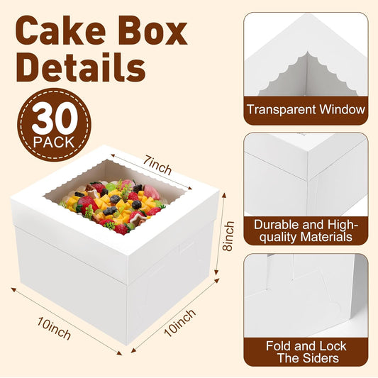 NEOACT 30 Pcs Cake Boxes, 12x12x8 Inch White Bakery Boxes with Window Cake Containers 12 Inch large Cake box for Birthday Party, Wedding,Tall Dessert Cardboard Boxes