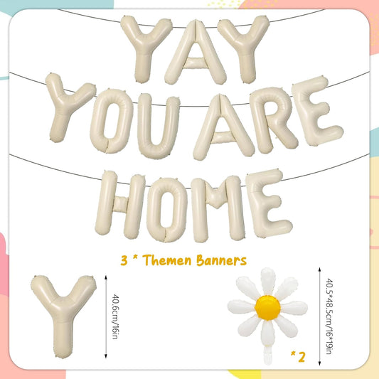 Welcome Home Banner Decorations Balloons - 3 Pcs Beige Pre-Strung Yay Youre Home Foil Letter Balloon Banner Decoration for Baby Welcome Back Housewarming Family Reunion Party Decor