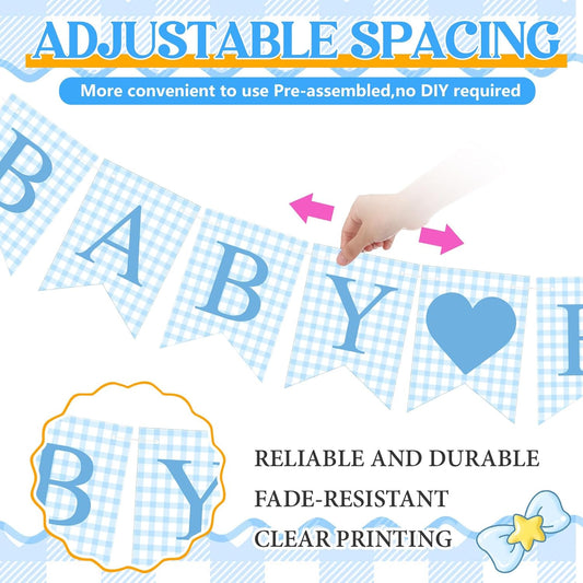 Hahafelt 1 Pcs Blue Gingham Welcome Baby Boy Banner for Baby Shower Party Decorations Pre Strung Gender Reveal Paper Banner for Table, Wall, Mantel Display Party Decor Supplies