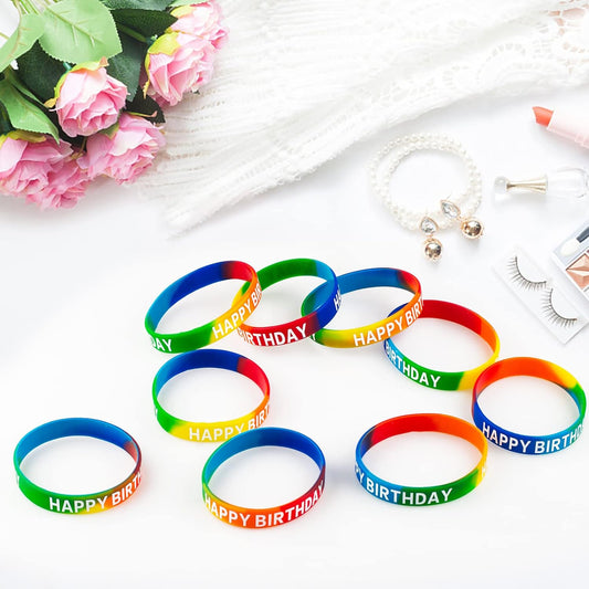 Happy Birthday Rubber Bracelets Colored Silicone Stretch Wristbands for Birthday Party Supplies Favors 30 Pack rubber bracelets for kids&teens Party Favor Sets