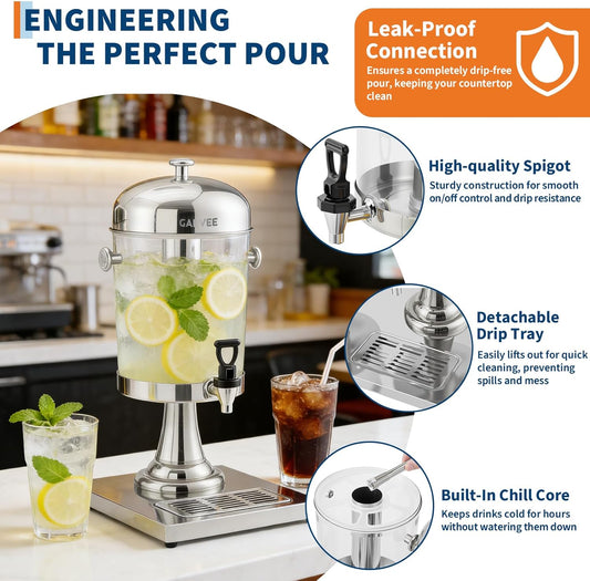 Garvee 2.2 Gallon Commercial Beverage Dispenser, Stainless Steel Beverage Dispenser with Ice Core, Stand & Spigot for Cold Juice, Iced Tea and Lemonade At Parties & Weddings