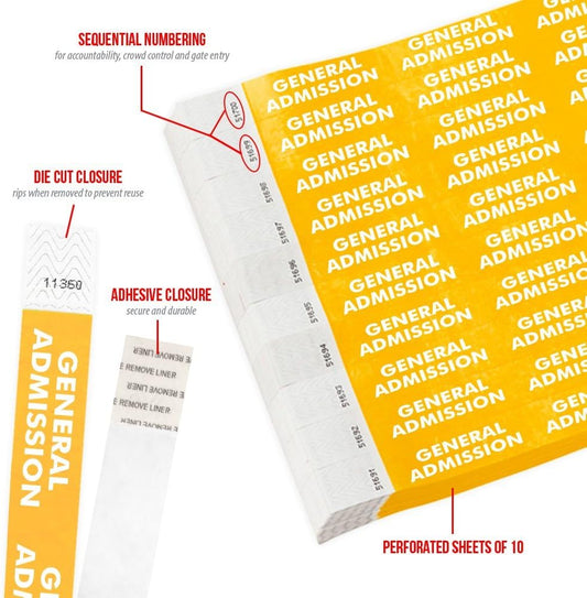 500 WristCo Gold General Admission Tyvek Wristbands for Events - ¾” x 10” - Waterproof Recyclable Comfortable Tear Resistant Paper Bracelets Wrist Bands for Concerts Festivals Admission Party