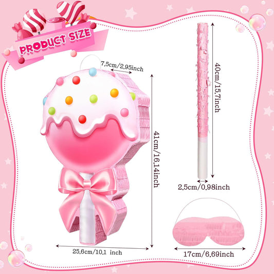 Aoriher Candy Party Favor Candy Piñata with Stick Blindfold Pink Sweet Lollipop Candy Piñata for Birthday Party Supplies Decoration