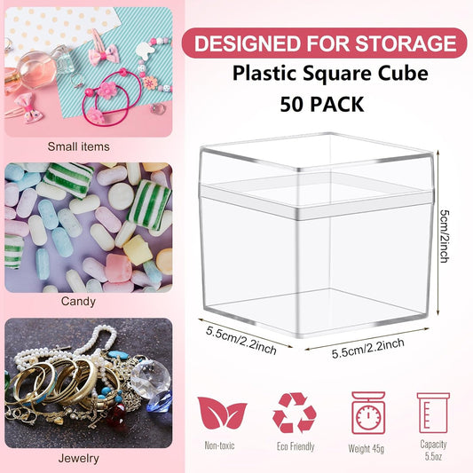 Leinuosen 100 Pcs 2 x 2 x 2 Inch Clear Acrylic Plastic Box with Lid Square Candy Containers for Party Favors Small Square Cube Storage Candy Box for Pill Tiny Earring Jewelry Herb Bead Gifts